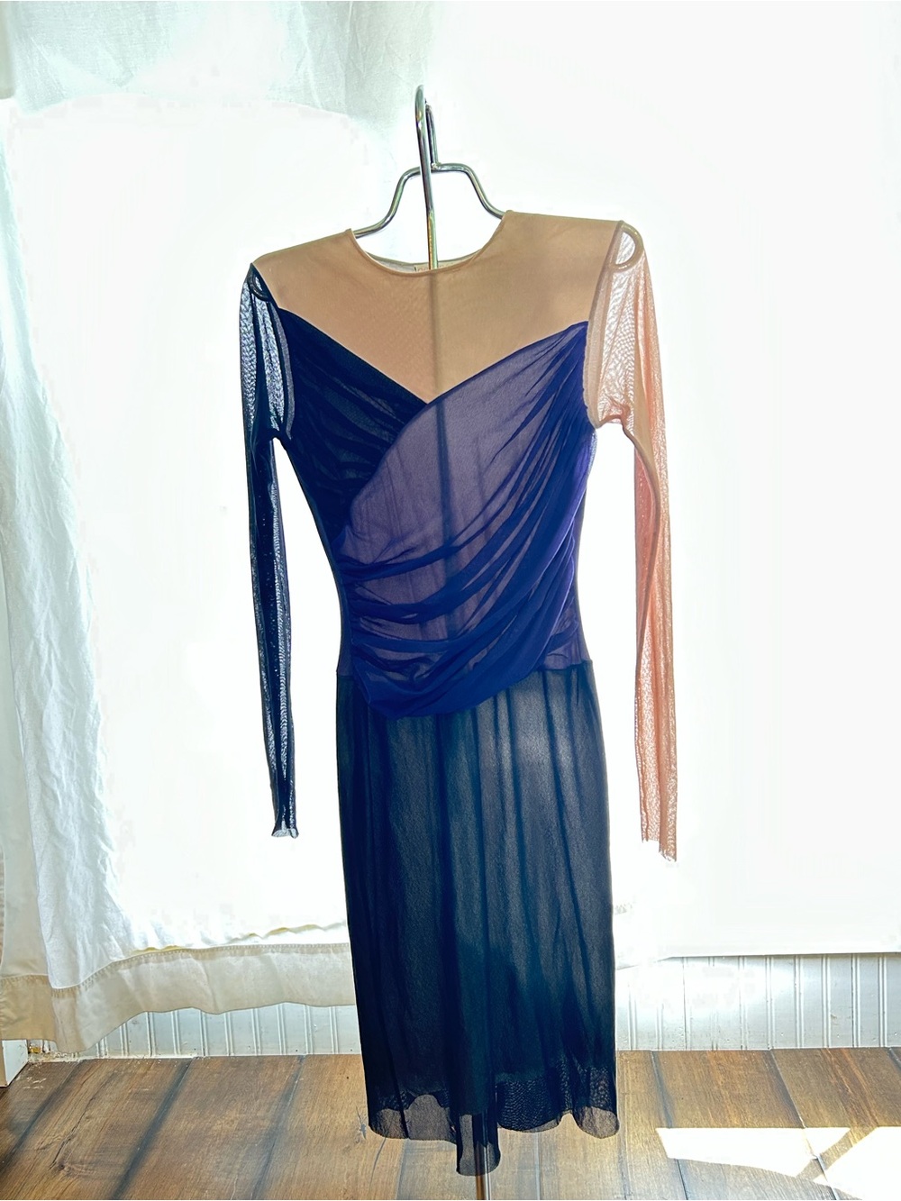 Two-Tone Sheer Mesh Long-Sleeve Midi Dress in Blue and Nude
